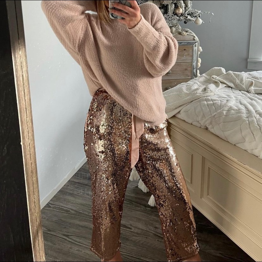 Rose gold sequin crop pant with silk tie waist
